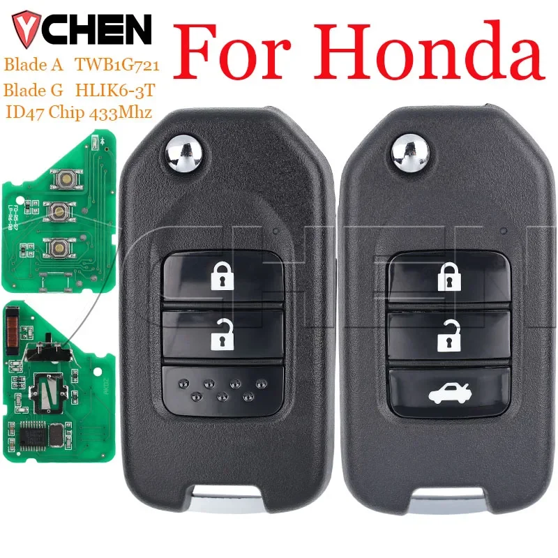 Remote Control Car Key for Honda Civic City CRV XR-V HR-V FRV Accord Jazz Vezel 433Mhz ID47 Chip FCC:TWB1G721 HLIK6-3T Blade A G