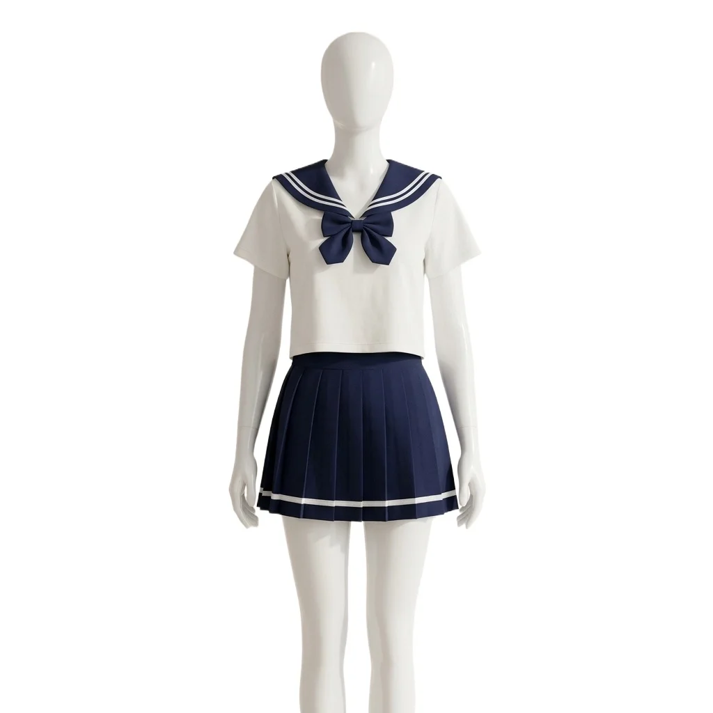 Original Summer Uniform Set Sailor Suit Girls White Shirt High Waist Pleated Skirt Three Piece Set Breathable Polyester Fabric