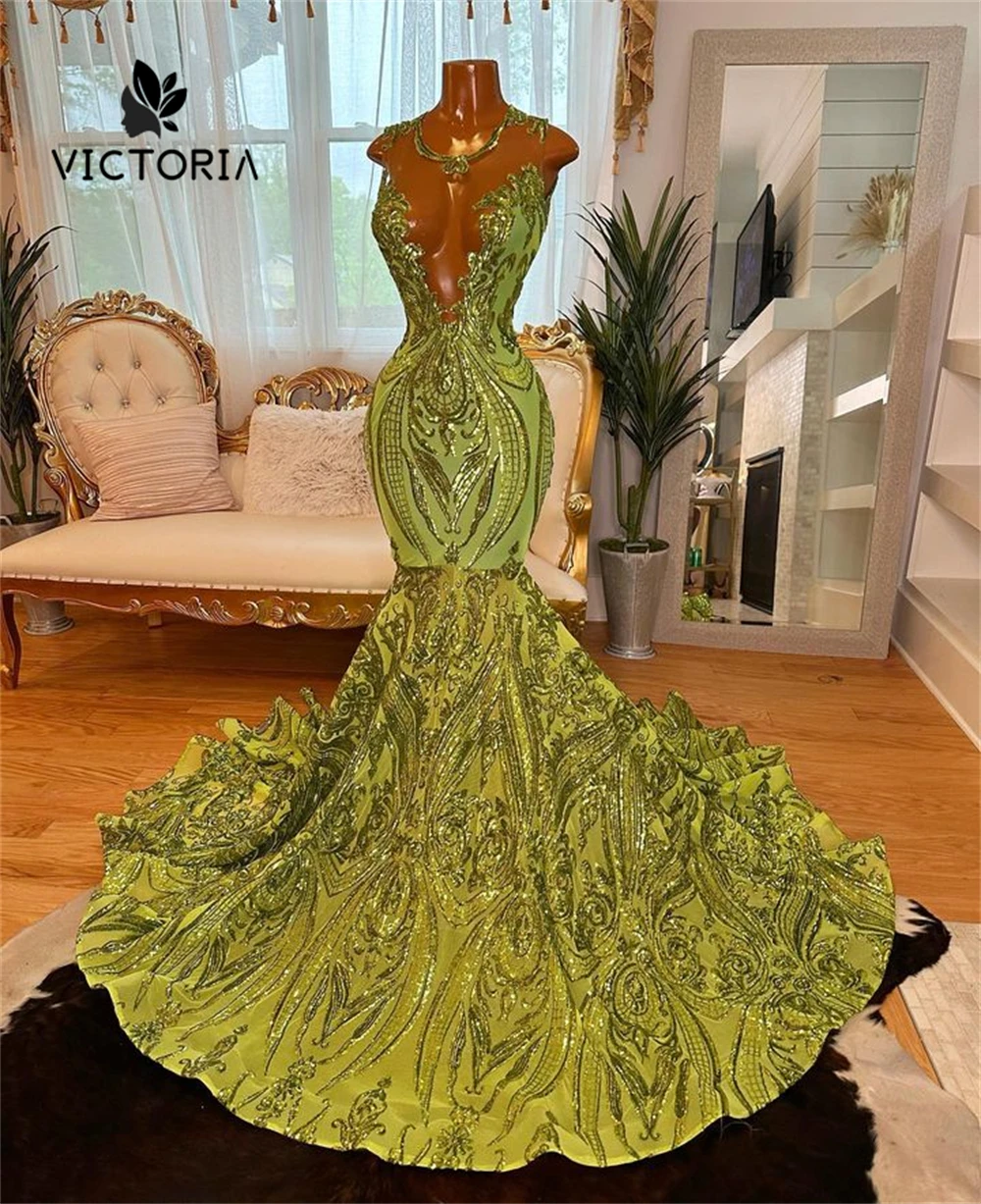 Vestido de fiesta de sirena de encaje con lentejuelas para niña negra, vestido de fiesta de cumpleaños africano, vestido de invitados de boda, verde claro, modesto, transparente