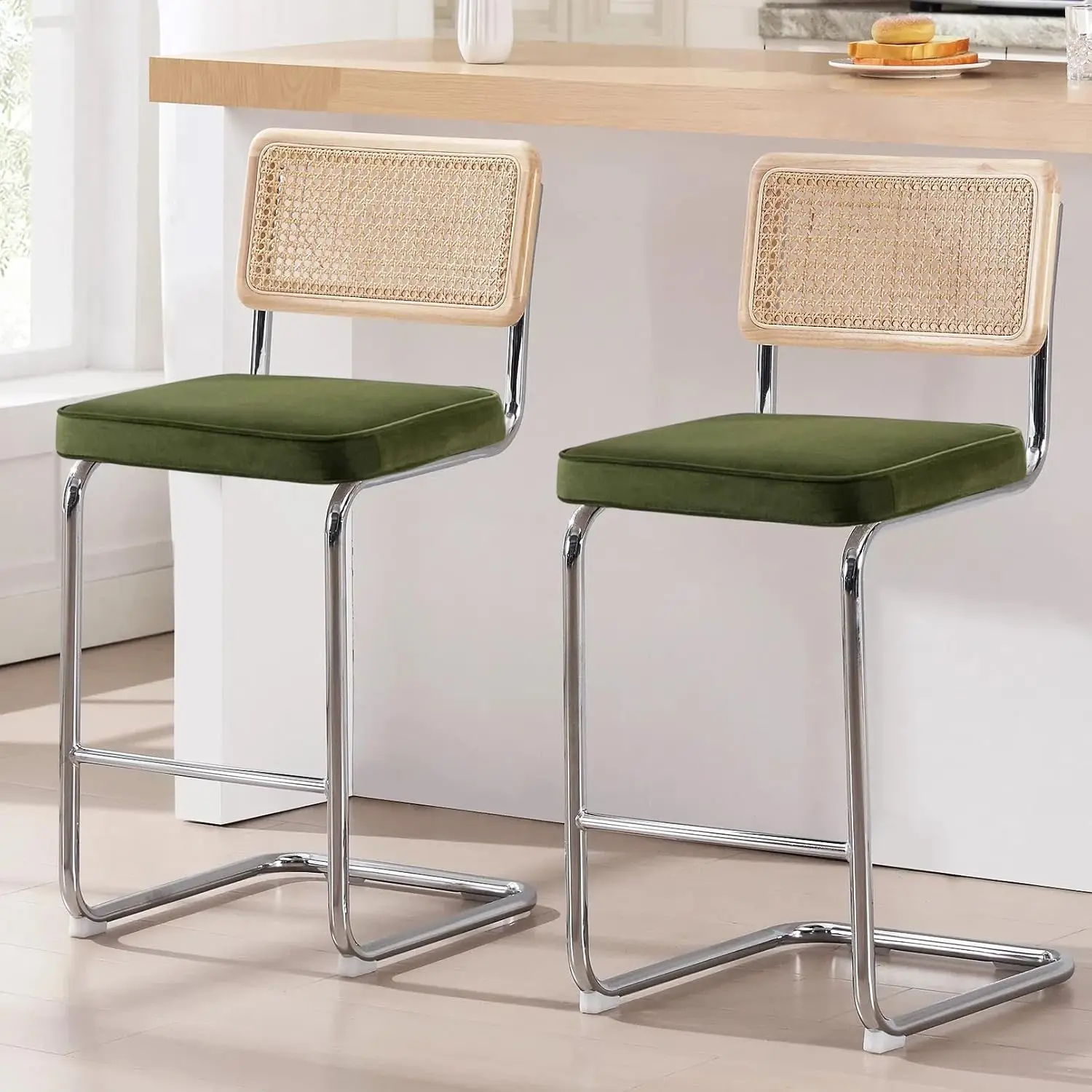

Natural Rattan Bar Stools Set of 2, 26'' Modern Boho Counter Stools, Velvet Counter Height Chairs with Solid Wood Back,