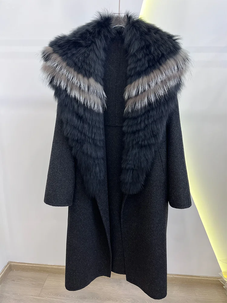2025 mode hiver longue femmes laine cachemire mélangé manteau grand réel argent col de fourrure de renard veste de luxe avec ceinture vêtements d'extérieur