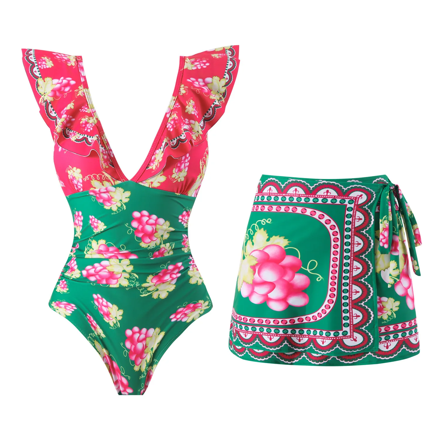 2024 Flower One Piece Swimsuit with Beach Skirt Cut Out V Neck Bathing Suit Beach Wear High Leg Bodysuit Monokini Female