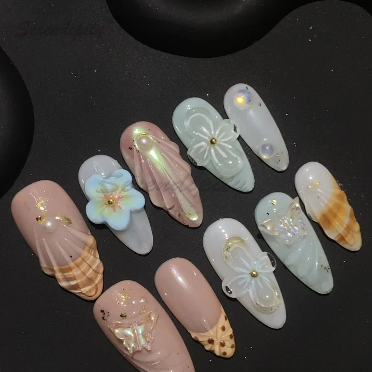 10Pcs Handmade Manicure Medium Almond Ballet Fake Nails Shell Limite Nails Press On Nails Design with Adhesive Nail File Set