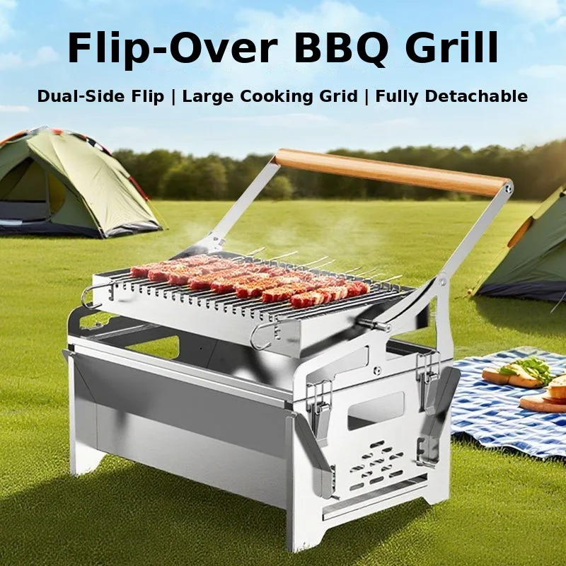 2026 Hot Sale 304 Stainless Steel Detachable Flip Home Charcoal BBQ Grill Outdoor Fish Roasting Furnace Rotating BBQ Grill