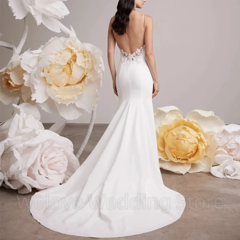 클래식 스파게티 스트랩 머메이드 웨딩 드레스 신부용 브이넥 사이드 슬릿 아플리케 장식 바닥 길이 백리스 슬리브리스 가운