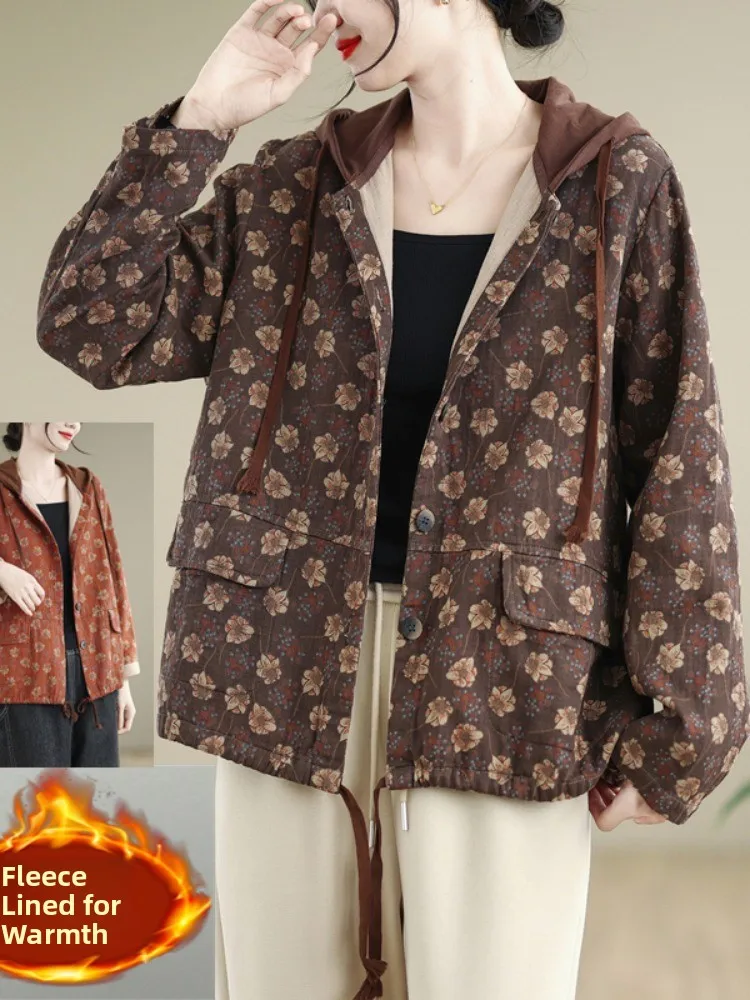 

Retro Floral Print Hooded Thiened Cotton Jaet Women's Winter Large Size Slimming Mommy Coat Comfortable Casual Long Sve