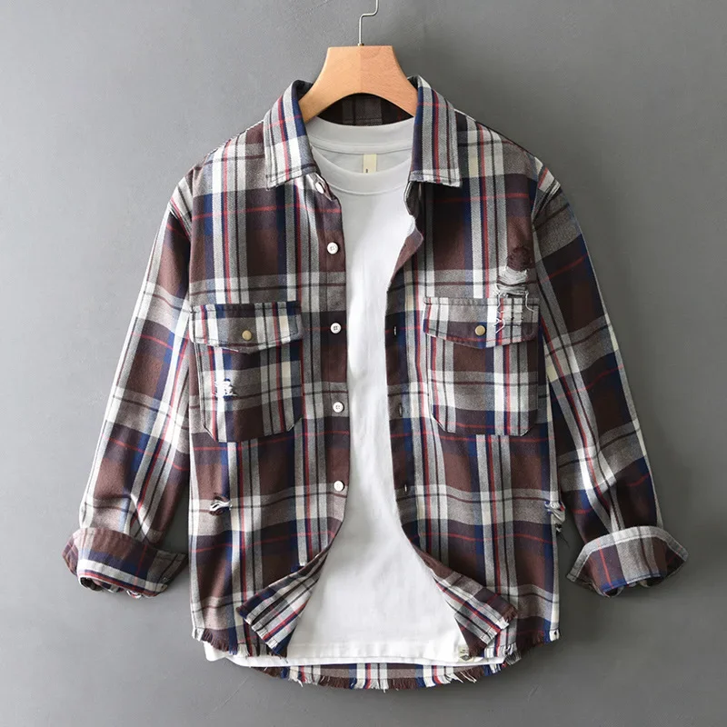 Japanese Vintage Ripped Plaid Shirt Man Spring Fall New Mens Long Sleeve Shirts Daily Casual Clothing Double Pockets Loose Top