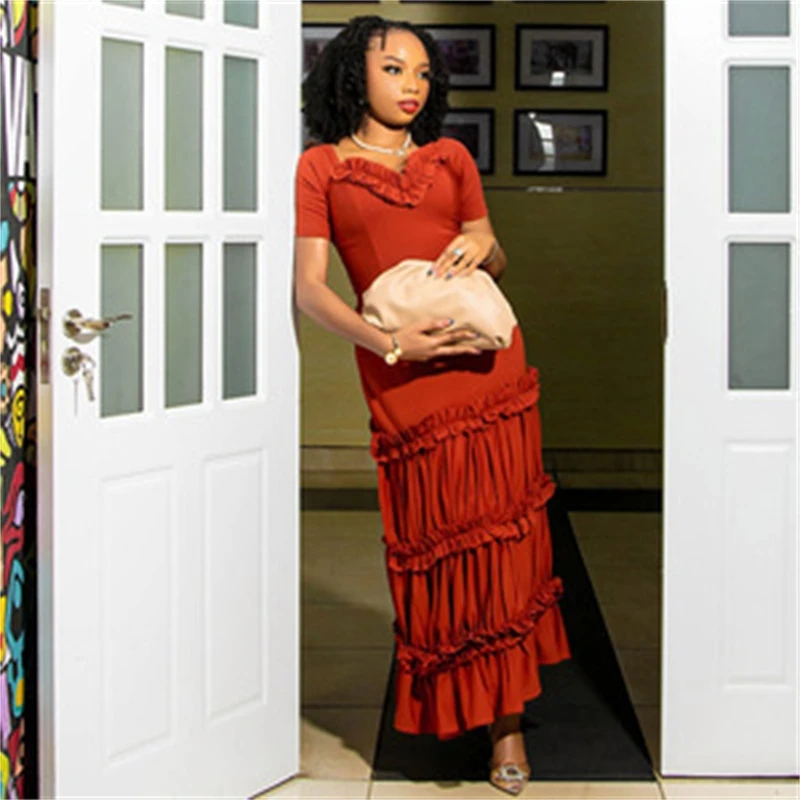 Boho Ruffle 롱 드레스 여성 가을 ​​솔리드 컬러 케이크 계층화 된 맥시 드레스 캐주얼 우아한 빈티지 스타일 가볍고 편안한