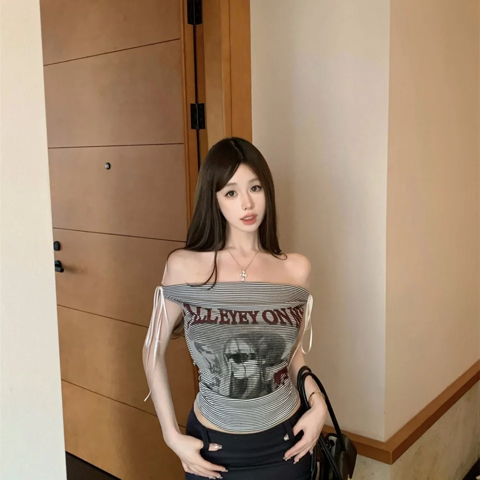 Summer New Pure Desire Stripe Print Splice One Shoulder T-Shirt Women's Slim Fixed Band Chest Pad Versatile Top Sexy Style Ny...