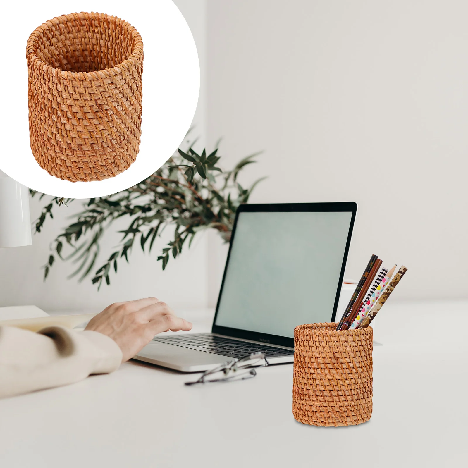 

Silverware Rattan Storage Tube Wood Woven Basket Pen Office Wicker Holder Hamper