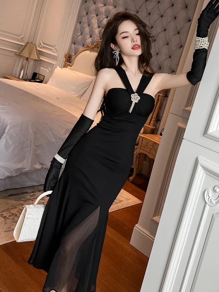 2023 Summer Women Maxi Dress Elegant Korean Sexy Black Flower Ruffles Halter Strapless Robe Holiday Party Prom Vestidos Mujer