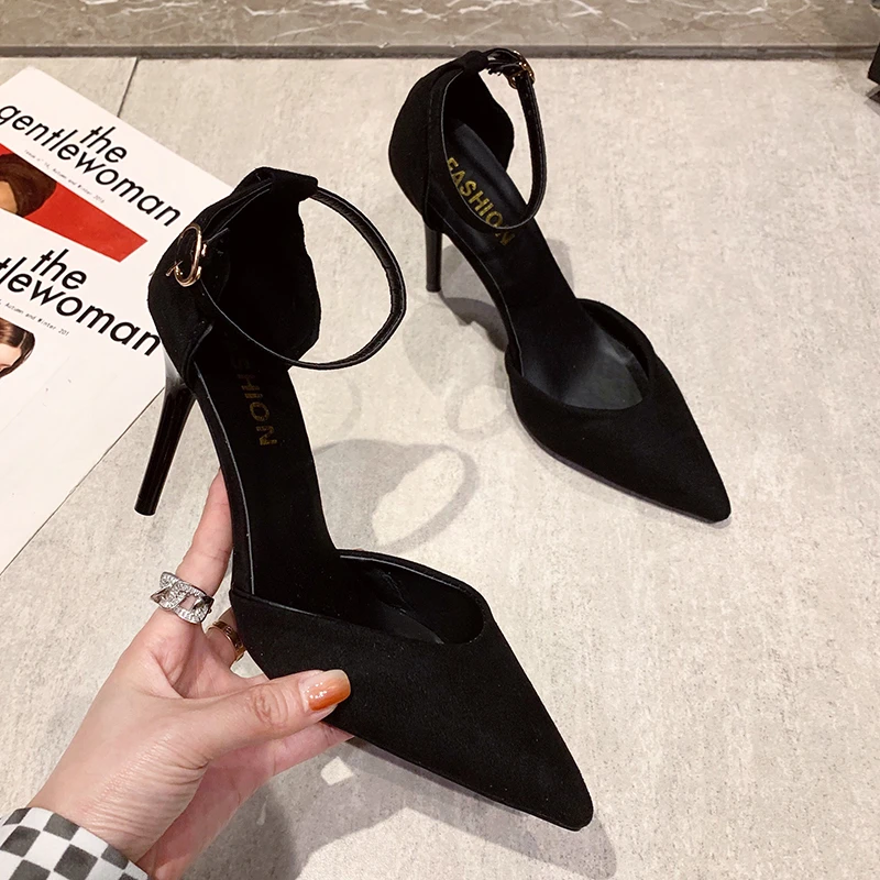 Spring and Autumn High Heel Women 2024 New Versatile Thin Heel Professional L Pointed Black Buckle Strap Single Shoe Women