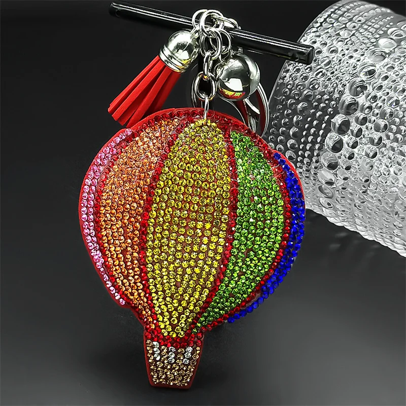 Rainbow Hot Air Balloon Keyring For Women Men Rhinestone Shine Female Bag Charm Hanging Keyholder Jewelry Decoration Gifts