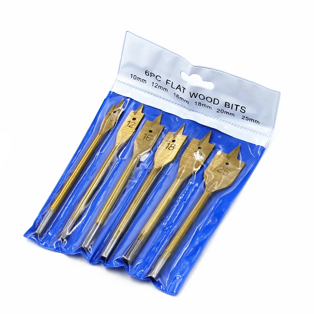 6pc Hexagonal Handle Titanium Plated Flat Drill 10-25mm Hanging Bag for Woodworking Drilling Bit Tool Opening Set