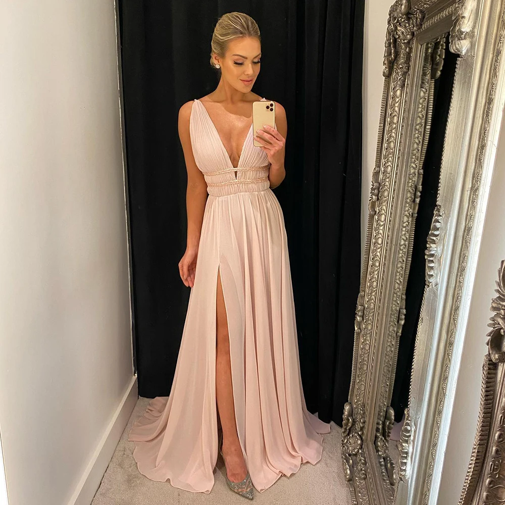 Sexy Backless Thigh Split Chiffon Evening Dress Custom Made Ruched Cutout Open Back Spaghetti Straps Maxi Cocktail Prom Gowns