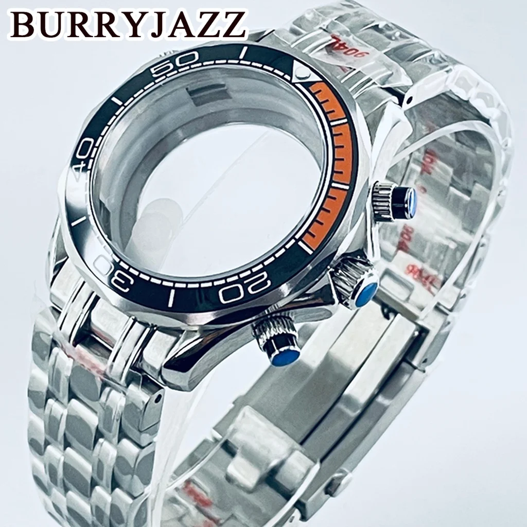 BURRYJAZZ 40mm Seamaster 300 Watch Case Fit VK63 VK64 Multy-Functional Quartz Chronograph Silver Watch Case Sapphire Glass