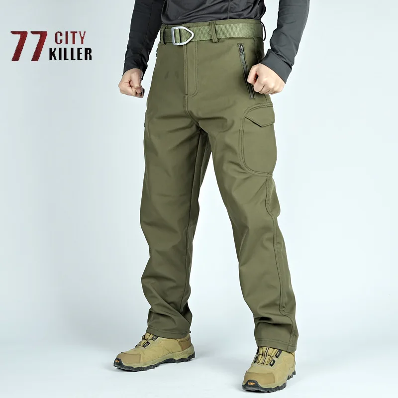 Winter Men's Shark Skin Soft Shell Men's Tactical Pants Fleece Multi Pocket Training Trousers Mens Outdoor Sports Straight Pants