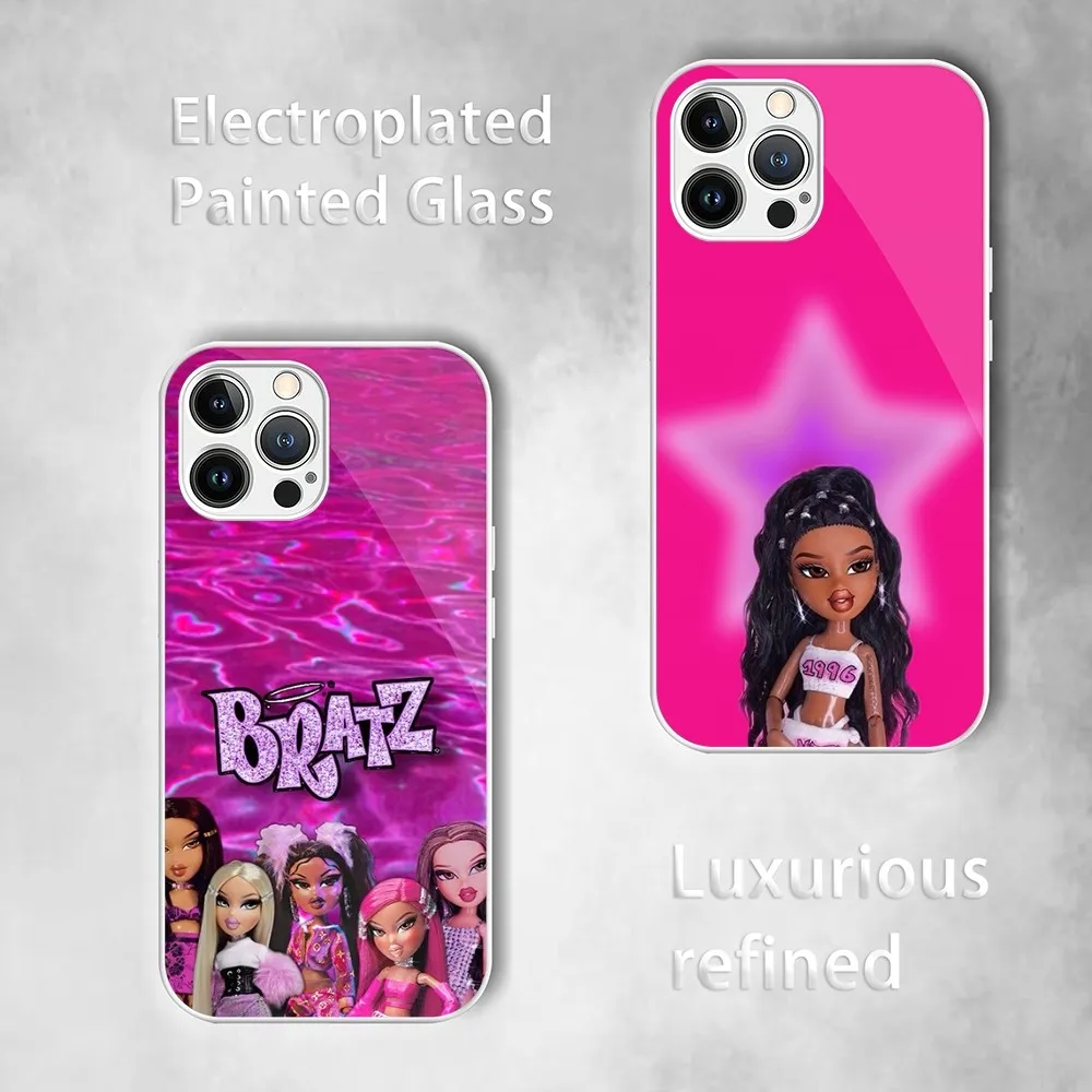 Cartoon B-Bratz d-doll Phone Case For Electroplated Painted Glass iPhone 13 12 14 11 Plus Pro Max X XS XR Mini Shell