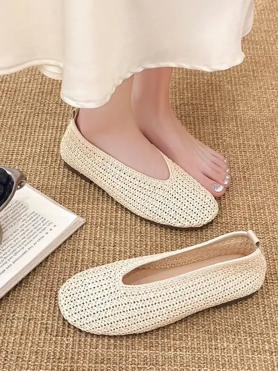 レトロニットフラットバレエスタイルメリージェーンシューズレディースカジュアル快適ソフトボトムシングルシューズファッショナブルラウンドトゥ