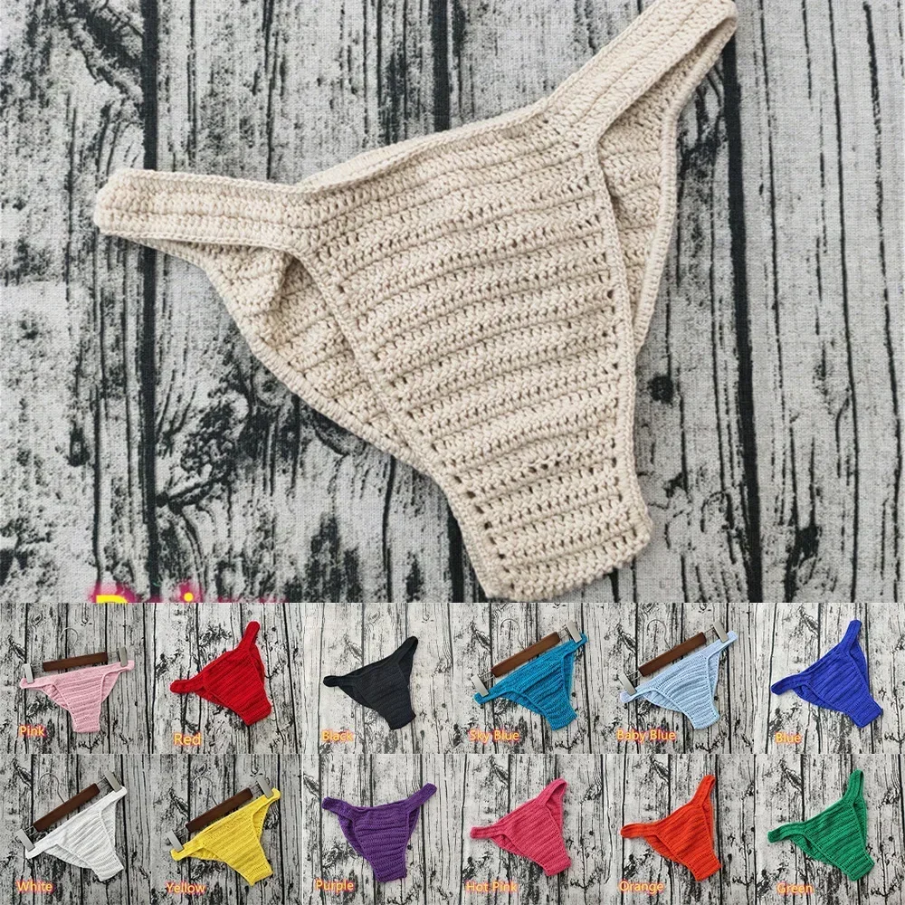 Men Women Unisex Breathable Underwear Hand Crochet G String Swimming Sunbathing Thong Knitting Solid Color Underpants Briefs