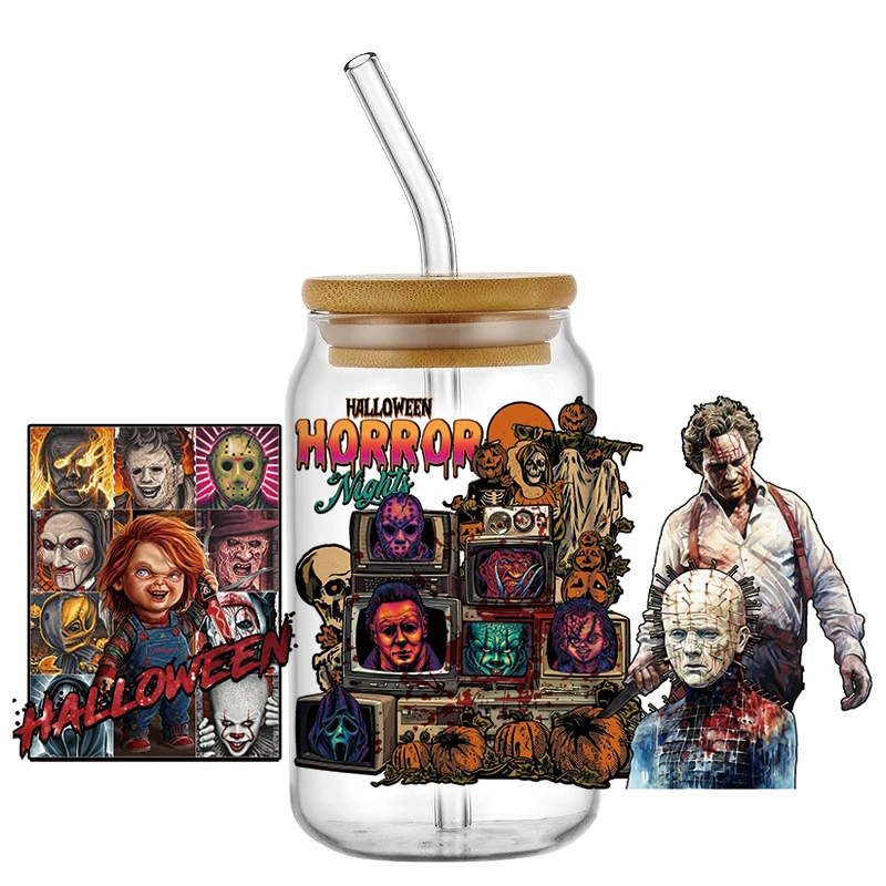 Horrible Killer Decal UV DTF Cup Sticker for 16oz Libbey Glass Can Horror Movie Waterproof DIY Cup Wrap Transfer Sticker