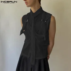 INCERUN Men Irregular Shirt Solid Color Lapel Sleeveless Casual Male Vests Streetwear Summer 2024 Fashion Men Clothing S-5XL