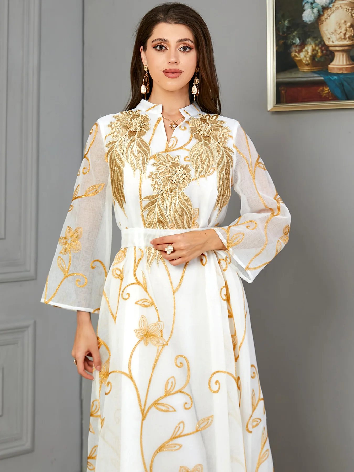 Elegant Gold Floral Embroidery Women Jalabiya Kaftan Dress Moroccan Arabic Party Banquet Wedding Muslim Ramadan Eid Abaya White