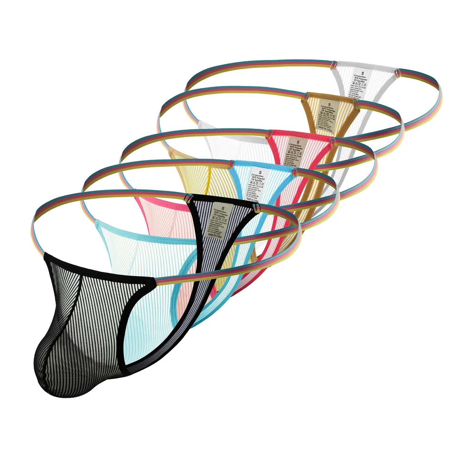 5 Pack Men Thong Striped Sheer Mesh Sexy Sport Underwear 5 Colors Optional Rainbow Waistband Stretch Lightweight Breathable