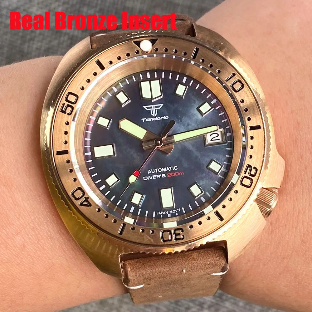 Pilot 20Bar Diver Captain CuSn8 Real Bronze Insert NH35A Automatic Watch for Men MOP Shell Dial Vintage Reloj Green Lume Clock