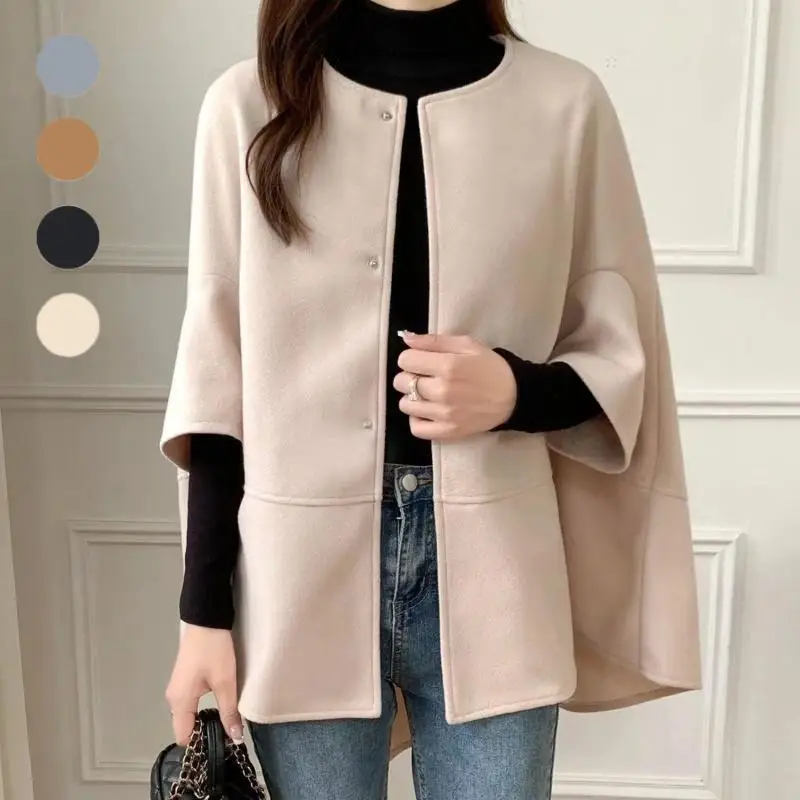 

Wool Blend Coats Womens Woolen Coat Crafted Beige Autumn Polyester Checkered Ribbed Balloon Sleeve Button-Down Lined Streetwear