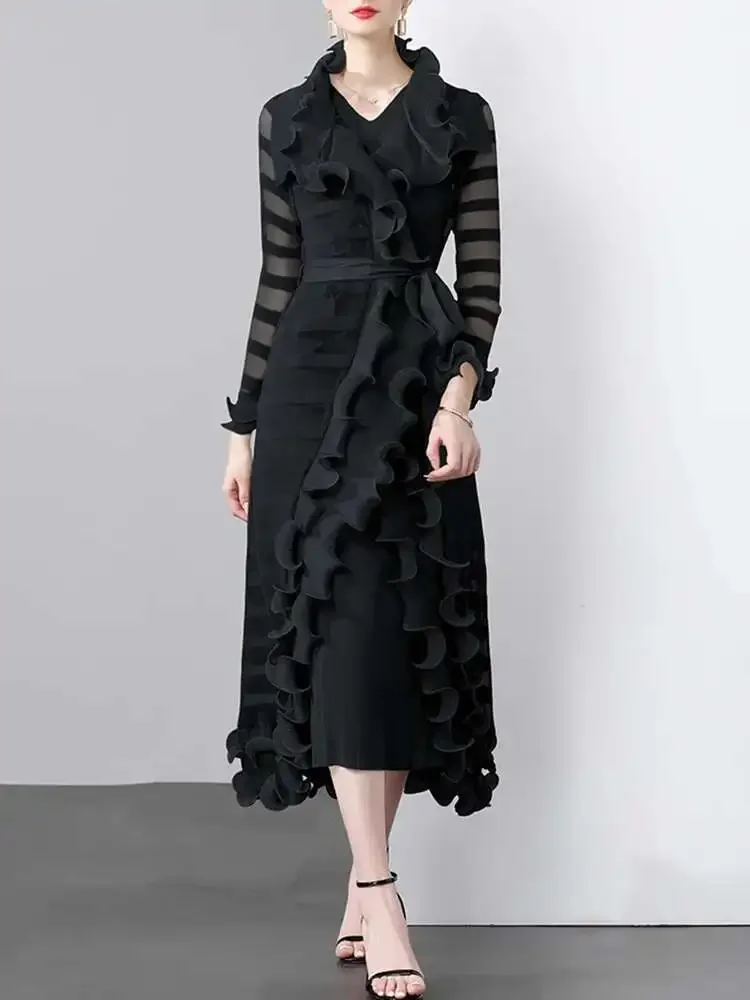 

Women's Clothing Fashion Casual Pleated Stripe Two Piece Lapel Round Neck Dress + Jacket Loose Full Sleeve Miyake 2025 Summer