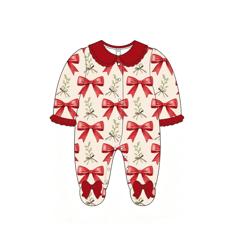 Boutique Girls' Romper Lapel Ruffles Long style Double-layered Cuffs Ruffles Bow Decoration Bow Cherry Flower Print Wholesale