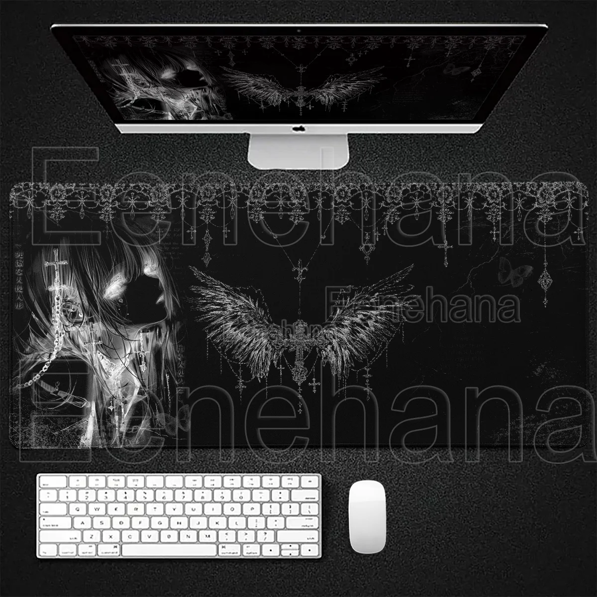 Schwarz-weißes Engel-Mauspad, großes PC-Gaming-Mauspad, Anime-Mädchen-Schreibtischunterlage, XXL-Cartoon-Laptop-Tastatur, Gamer-Zubehör, Büroausstattung