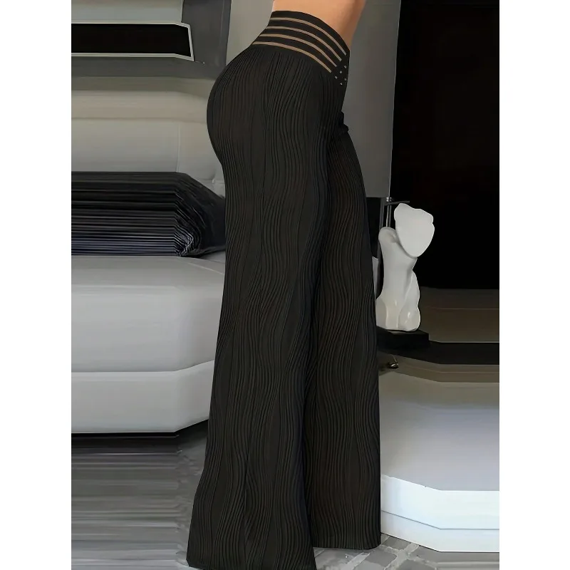 Pantalones de mujer Moda Cintura superpuesta Parche de malla transparente Casual Plain Cintura alta Pierna ancha Pantalones largos acampanados