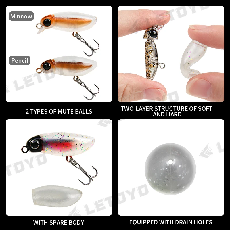 LETOYO MuteBall Minnow 38F/Pencil38F 38mm 2.7g Surface Artificial Insect Bait Soft Plastic Body Mini Floating Trout Fishing Lure