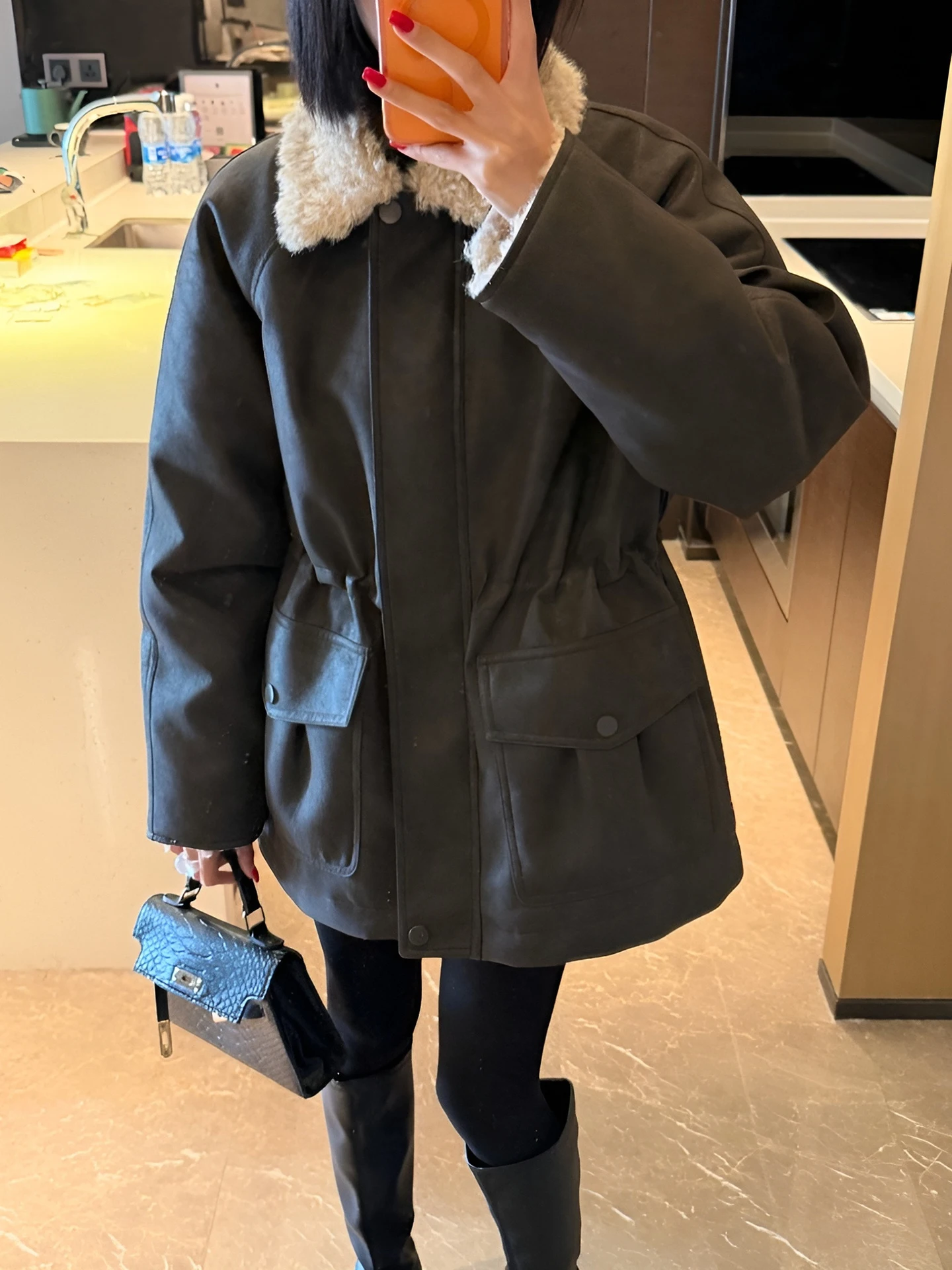 Retro Color Block Full Fur Lined Thickened Collar Mid-Length Jacket Women's Winter Warm Outerwear Casual Commute Style