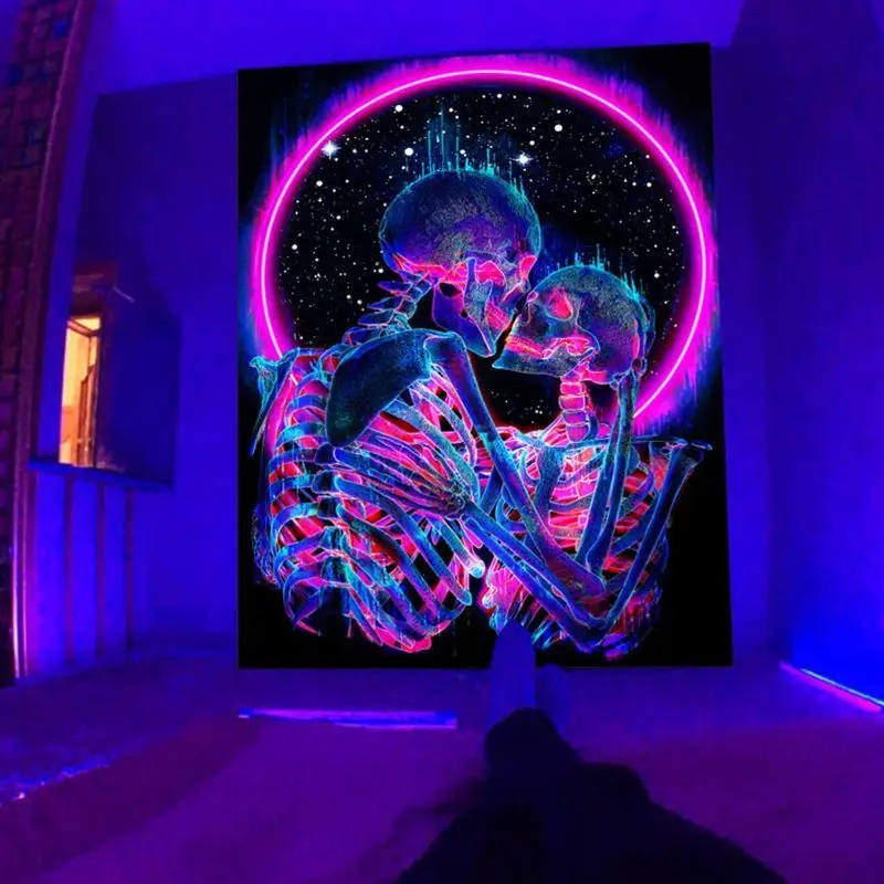 VIKAMA UV Blacklight Sun Moon Skeleton Mermaid Tapestry Psychedelic Neon Gothic Glow Wall Hanging Bedroom Dorm Hippie Home Decor