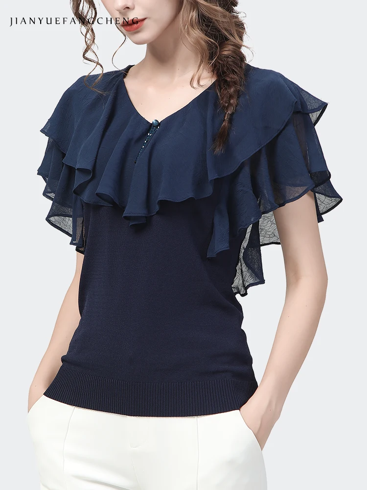 2022 Summer Ruffle Chiffon Blouse Women Top Short Sleeve Spliced Knit Shirt Bottoming Shirts Fashion Slim Casual Small Shirts