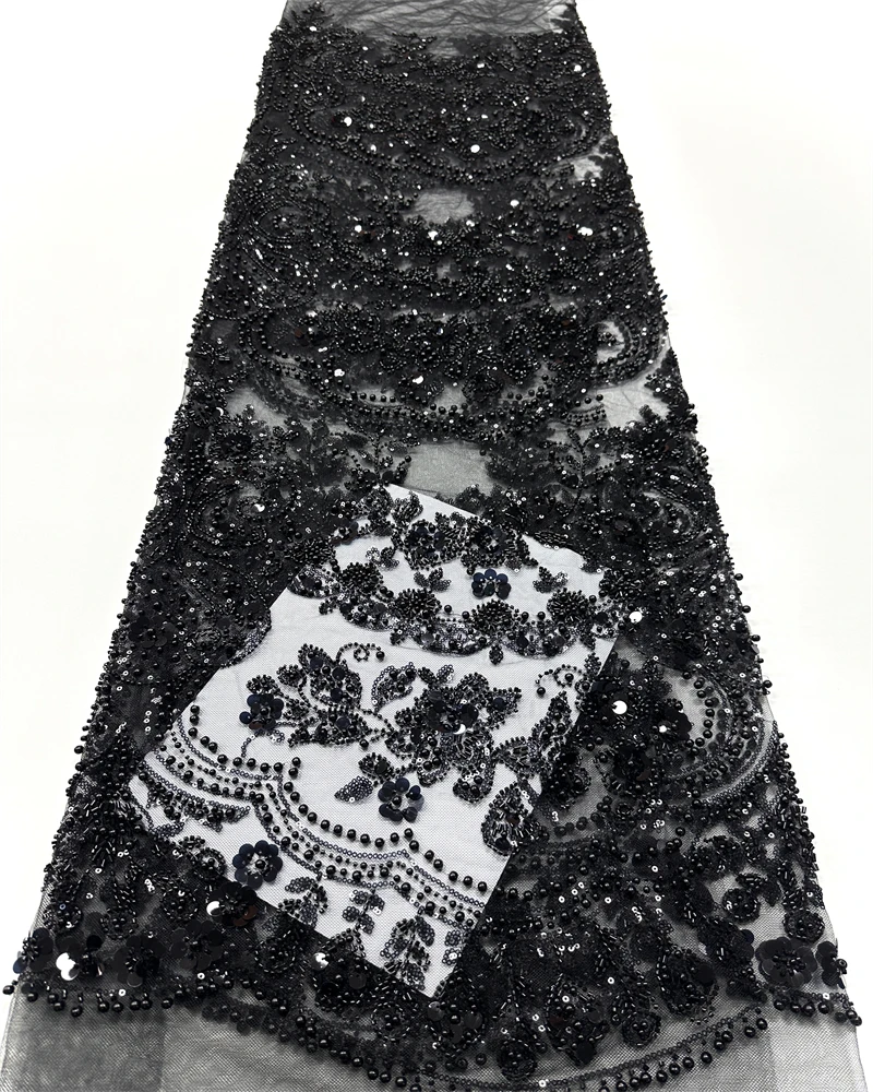 高品質のアフリカ産フランス製手作りビーズ生地2025縫製用スパンコール刺繍ナイジェリアレース生地（結婚式用）