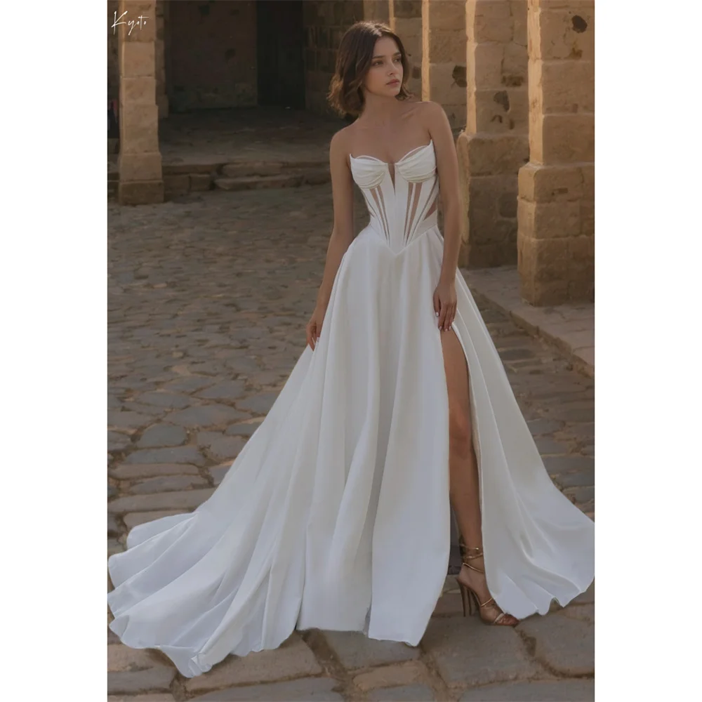 

Customized Ivory Scalloped Neck Hollow Out Wedding Dress Strapless Side High Split vestidos de novia A-line Sweep Train Formal