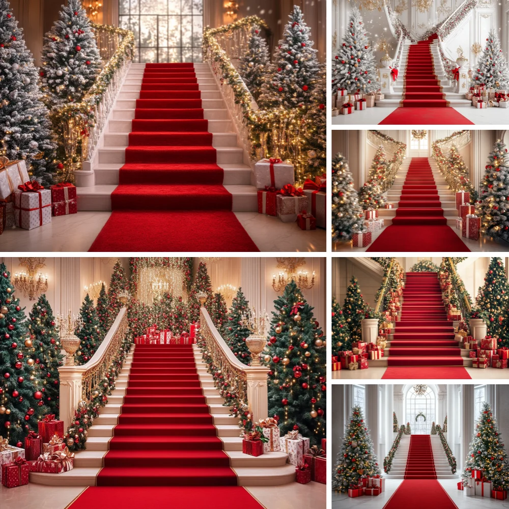 

Christmas Palace Staircase Red Carpet Photography Background Xmas Tree Holiday Decor Girl Portrait Backdrop Photo Studio Props