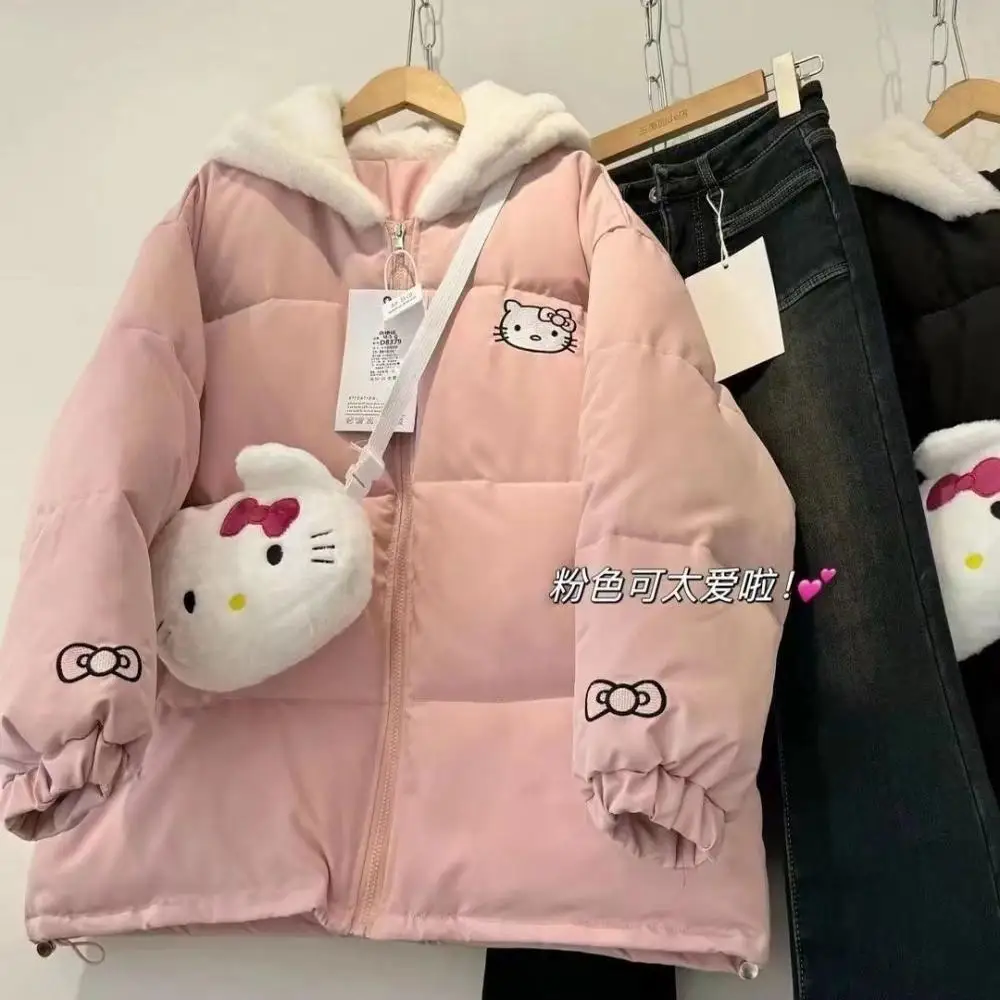 Kawaii Hello Kitty Hooded Down Jacket Sanrios Anime Thicken Winter Cotton Coat with Bag Girl Student Tops Warm Cotton Jacket