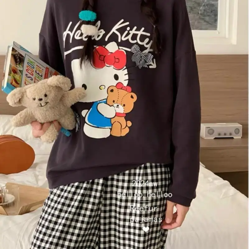 

Популярные повседневные пижамы Sanrio, весенний комфортный комплект из двух предметов, домашняя одежда Hello Kitty, домашняя одежда Sanrio, повседневная пижама с героями мультфильмов «Hello Kitty»