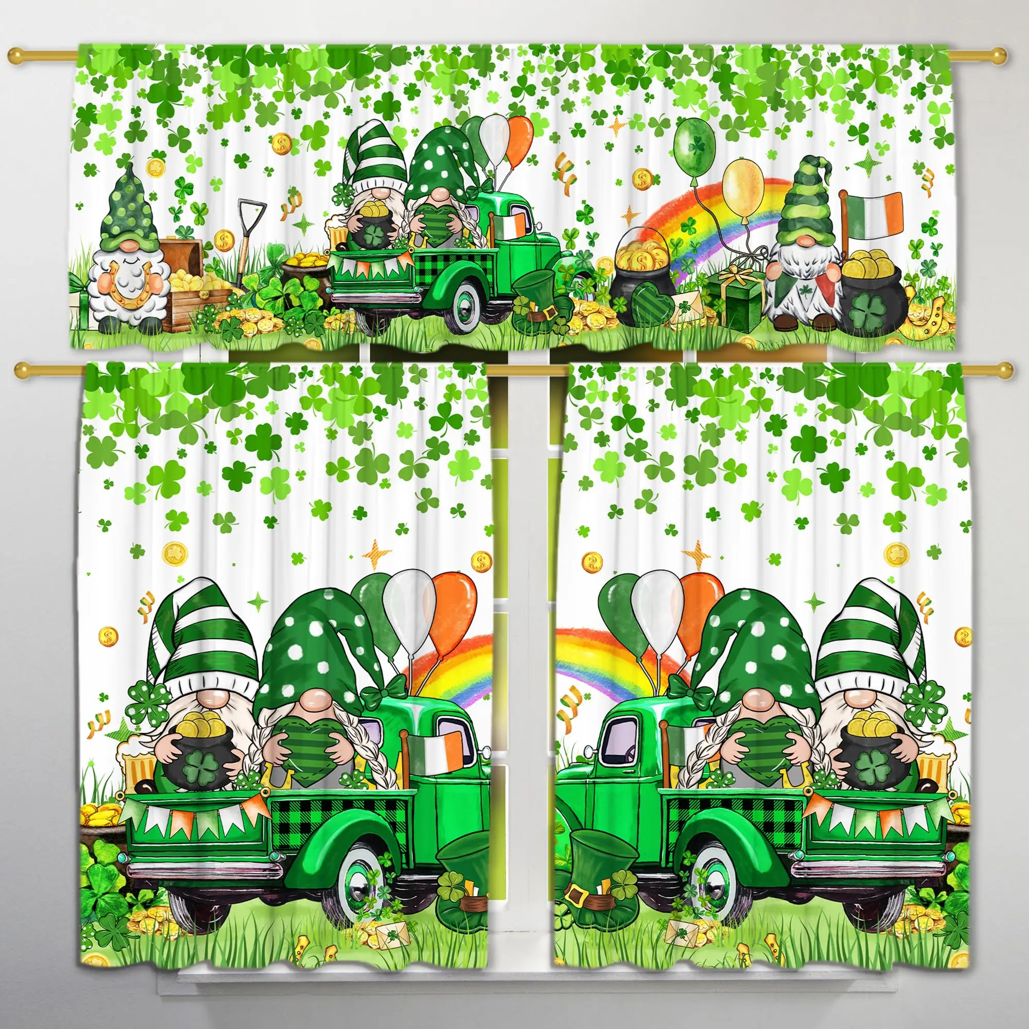 Kitchen Curtains Windows-St Patricks Day Decorations Gnomes Truck Valances Curtains Decor 27''x24'' 2 Panel /54x18 Inch Tier Set