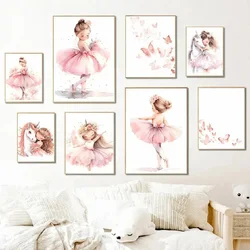 Pink Ballerina Girl Unicorn Butterfly Kids Room Decorative Canvas Painting Nursery Wall Art Poster Pictures Baby Bedroom Decor