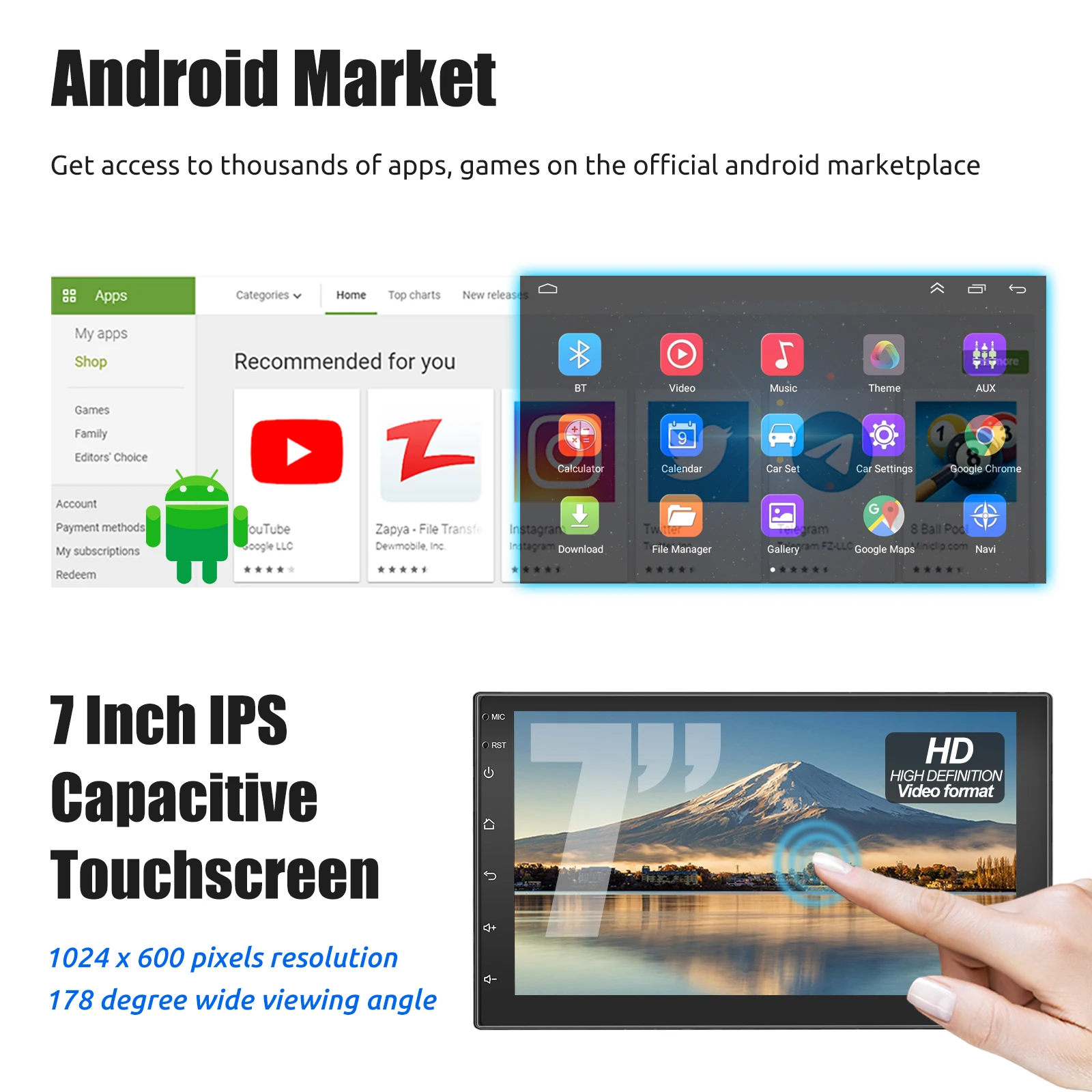 MOPECT 7 Zoll Universal Auto-Stereoanlage Doppel-DIN Android 15 CarPlay 4+64G GPS-Navigation Touchscreen Bluetooth AM/FM SWC+DAB&AHD – Detail 4