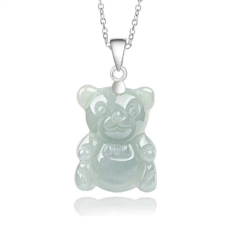 

Natural Burmese Emerald Little Bear Jade Pendant 925 Silver Necklace Fashion Charm Jewelry Accessories Amulet Gifts for Women