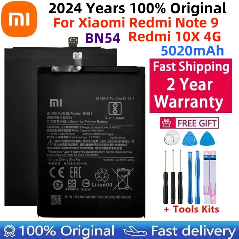 

100% Original XIAOMI BN54 Replacement Battery For Xiaomi Redmi Note 9 Redmi 10X 4G Authentic Phone Batteries 5020mAh +Free Tools