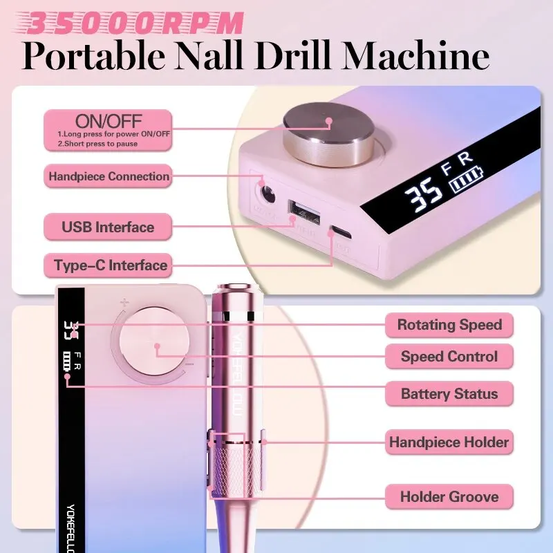 Profissional Electric Nail Drill, Máquina de Manicure com Modo Pausa Lixa Elétrica de Unhas, Lixadeira de Unhas de Gel Acrílico, 35000RPM