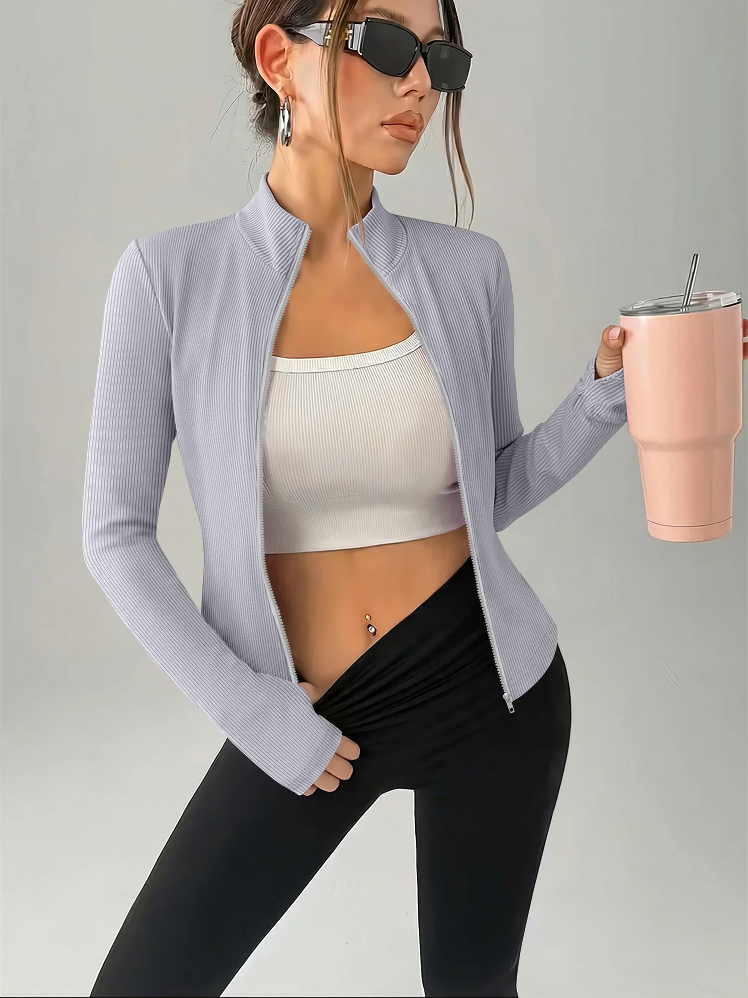 Lightweight Ribbed Zip-Up Long Sleeve Top, Slim Fit Layer for City Strolls & Weekend Outings